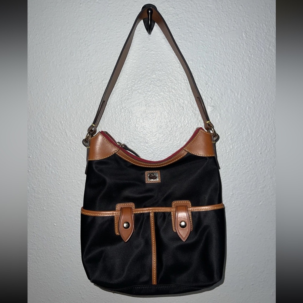 Dooney & Bourke Black Shoulder Bag with Brown Leather Trim and Red Interior